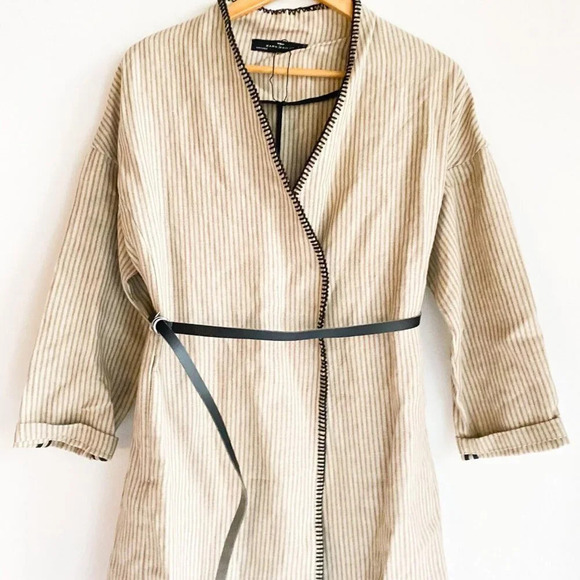 Zara Linen Striped Belted Whipstitch Simple Minimalist Coat  S - Picture 5 of 10